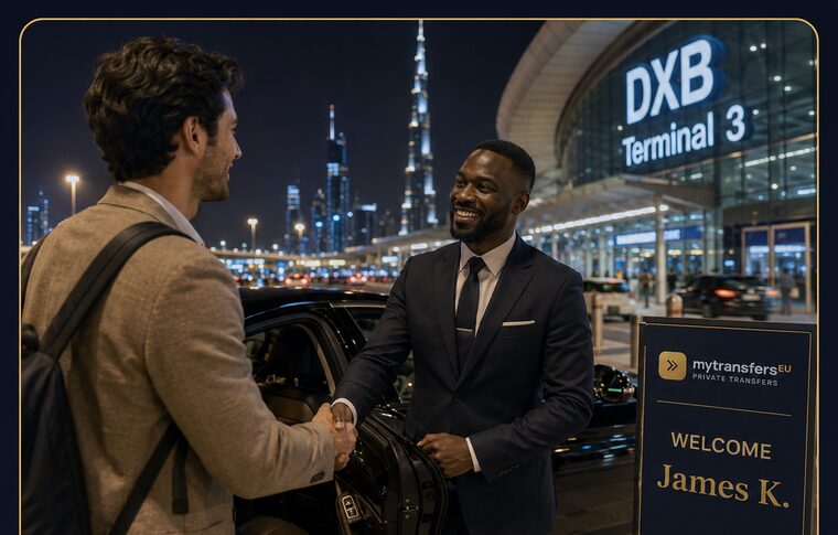 James K. greeted by a MytransfersEU chauffeur at Dubai Airport