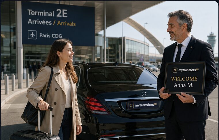 Anna M. met by a MytransfersEU chauffeur with a welcome sign at Paris CDG
