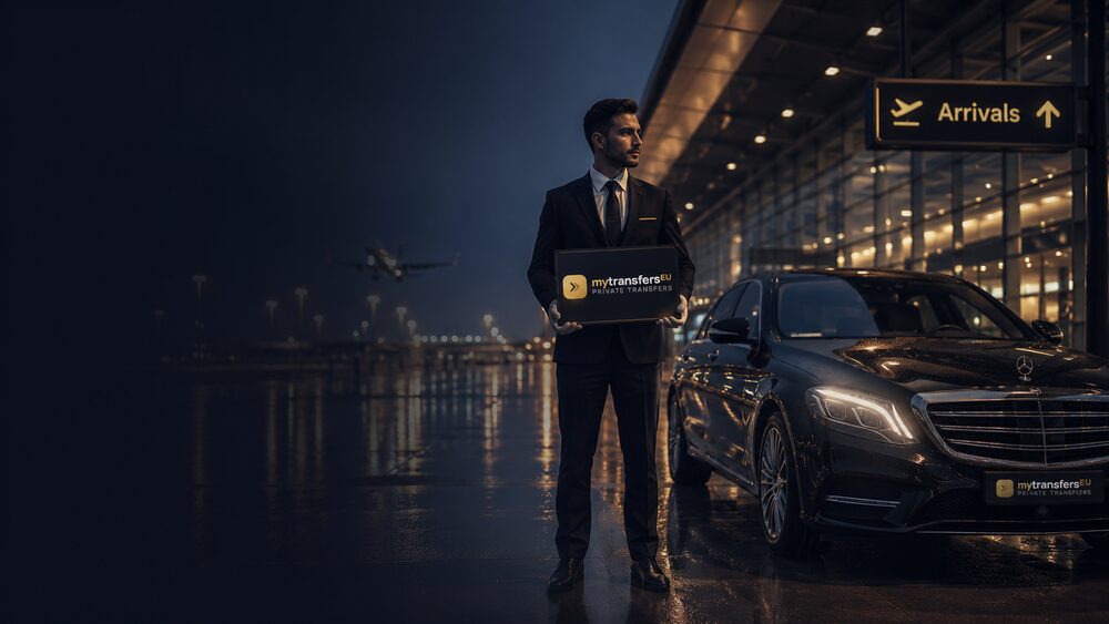 Airport transfer chauffeur with MytransfersEU sign at arrivals