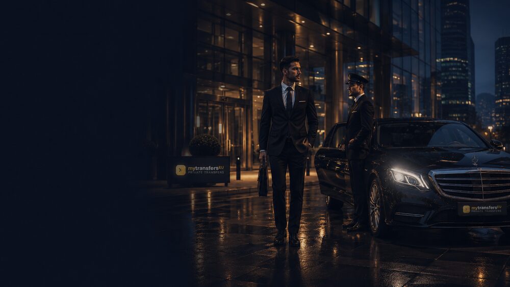 Executive walking to a chauffeured Mercedes outside an office